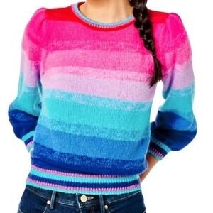 Lilly Pulitzer Hali Ombre Sweater Ruby Red Sunset Stripe Puff Sleeve Metallic M